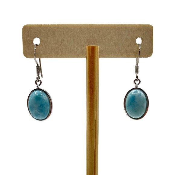925 Sterling Silver KHR Larimar Oval Ca Dangle Drop Earrings Simple Blue - Picture 2 of 8